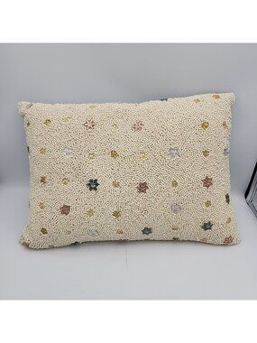 Beaded Vintage Pier 1 One Decor Throw Pillow Floral 15"X12" Cream Blue